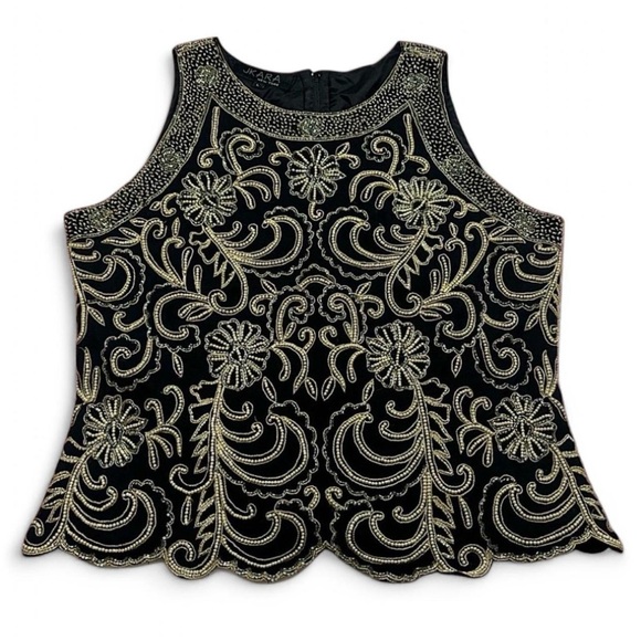 JKARA New York Tops - JKARA Black Gold Beaded Tank Top L Scallop Hem Cocktail Party Art Deco Glam